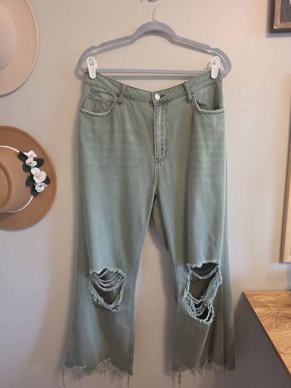 VERVET BY FLYING MONKEY Sage Green Bootcut Jeans with Distressed Knees